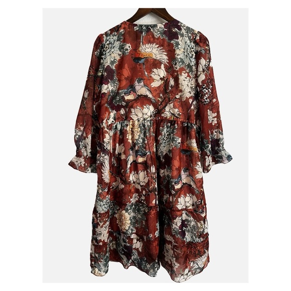 Hemant & Nandita Boho Floral Birds Tiered Zeri Midi Dress Terracotta Brown 8 - Picture 4 of 10